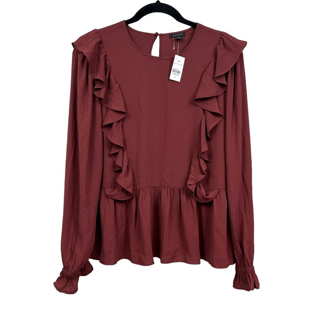 Ann Taylor Women Blouse Top Ruffled Trim Long Sleeves Keyhole Back Brown Rust S*